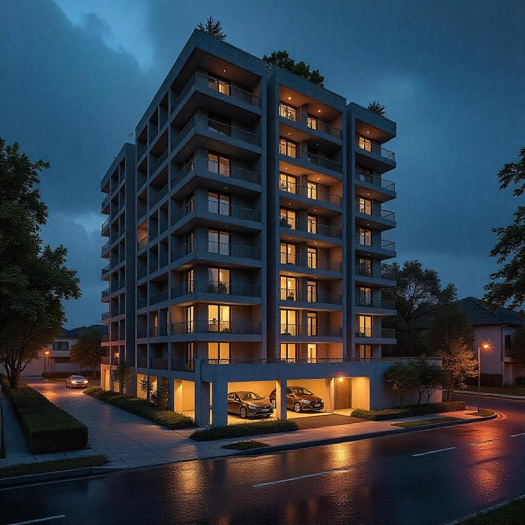 Cutaway-style view of an Australian apartment building showing underground car park (sub-stratum) and apartment units (strata), realistic lighting, technical layout style.