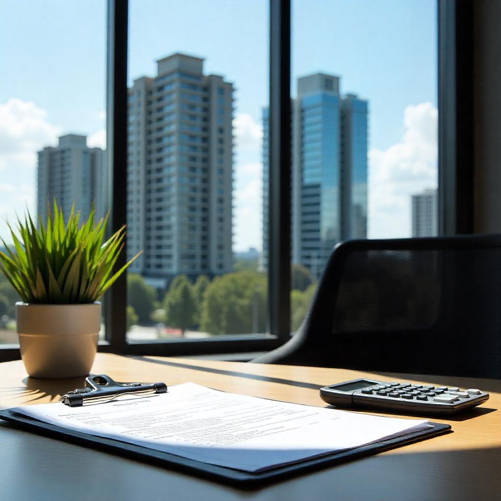 Realistic image of a modern Australian residential apartment building and commercial office block, with a digital insurance form, clipboard, and calculator on a desk in foreground. Natural lighting, sunny urban setting.