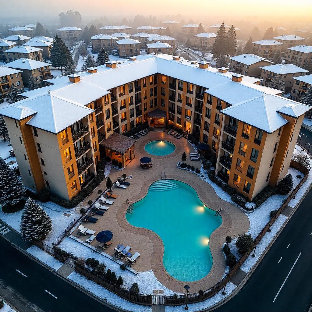 Realistic aerial view of a modern Australian strata complex with clearly marked shared courtyard, pool, parking, and exclusive-use balconies. Suburban Sydney-style complex in natural lighting.