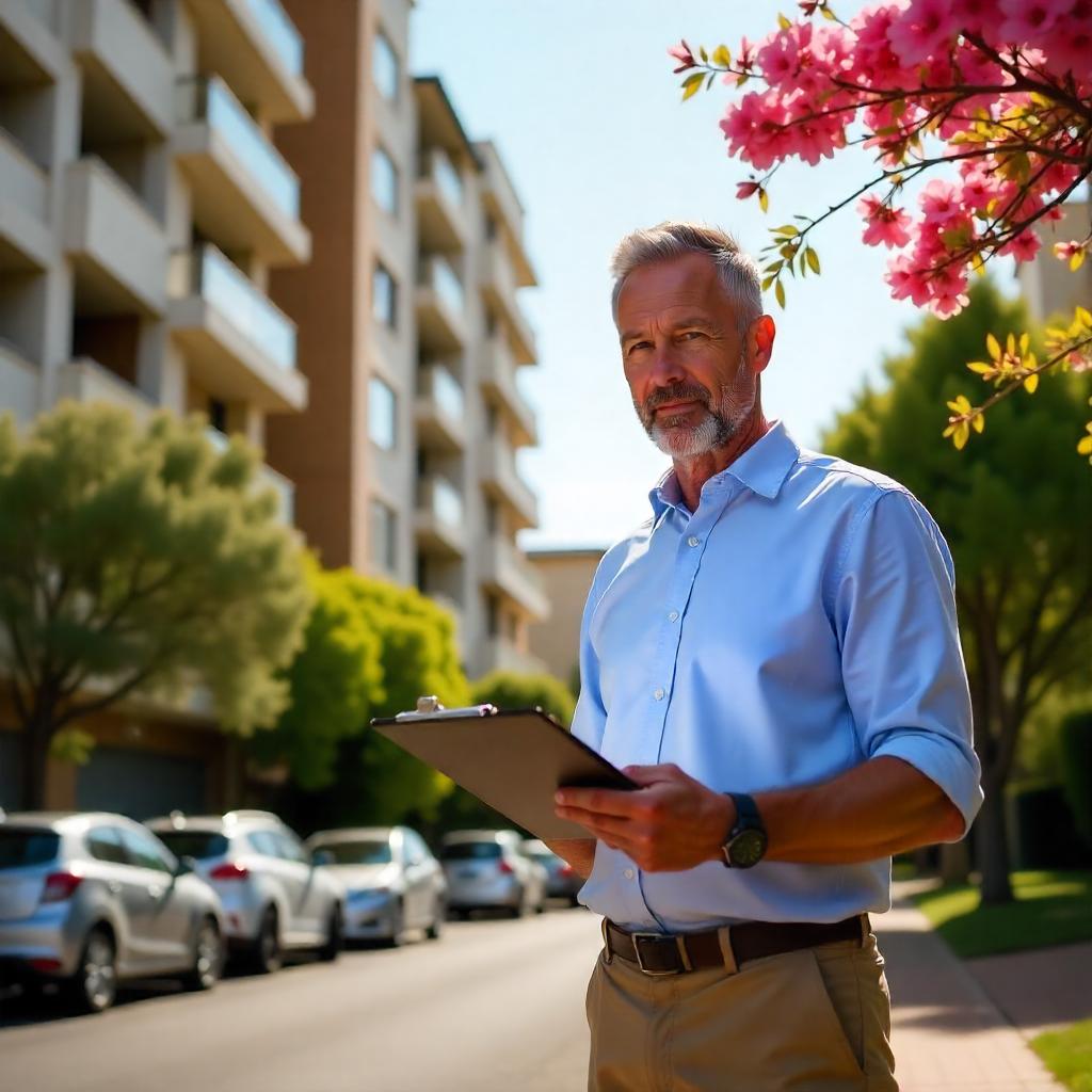 Realistic exterior of a medium-rise Australian apartment block with a clipboard showing property valuation documents in the foreground. Suburban setting with parked cars and greenery.