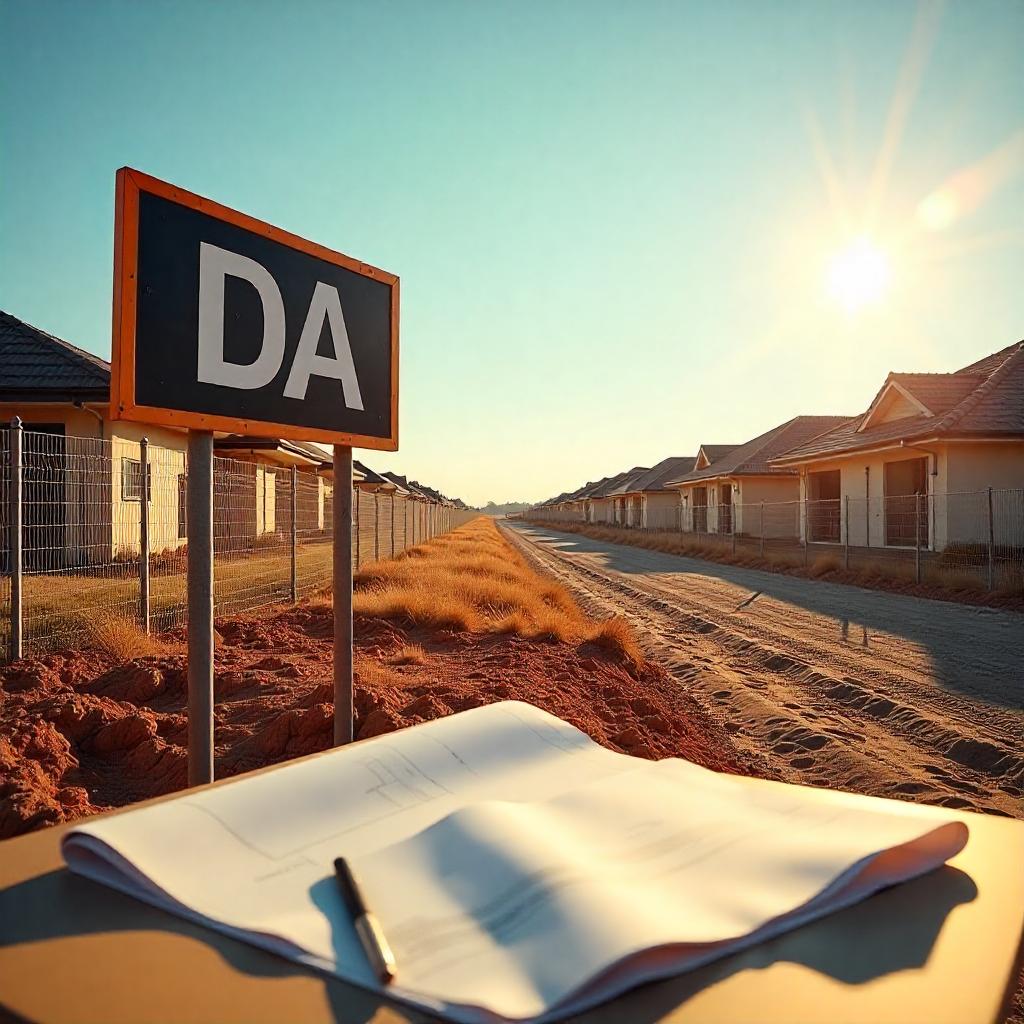 Vacant development site in an Australian suburb with DA signboard, construction fencing, and building plans spread on a desk in the foreground. Blue sky, soft shadow lighting.