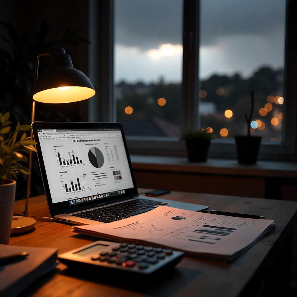 Australian investment property with financial papers, CGT calculator, and laptop on a wooden desk, overlooking a Sydney-style suburb through a window. Indoor daylight setup.