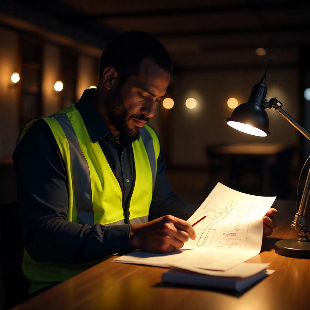 QS preparing construction cost report, Australian council planning documents and architectural plans in view, background shows suburban development site or council chamber