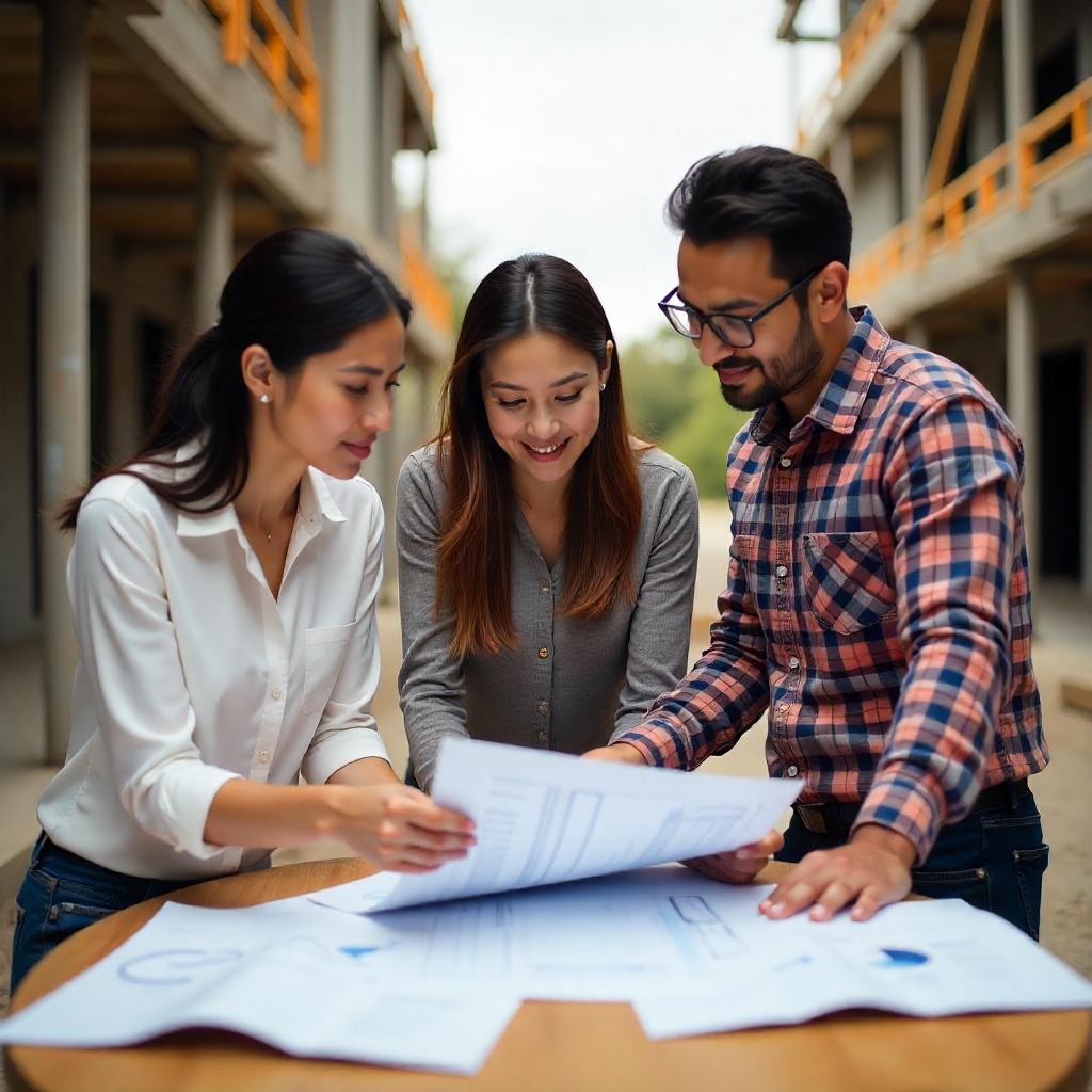 Project team reviewing cost planning documents on-site in Australia, visible scaffolding or early-stage construction, charts and blueprints on a table, realistic modern setting