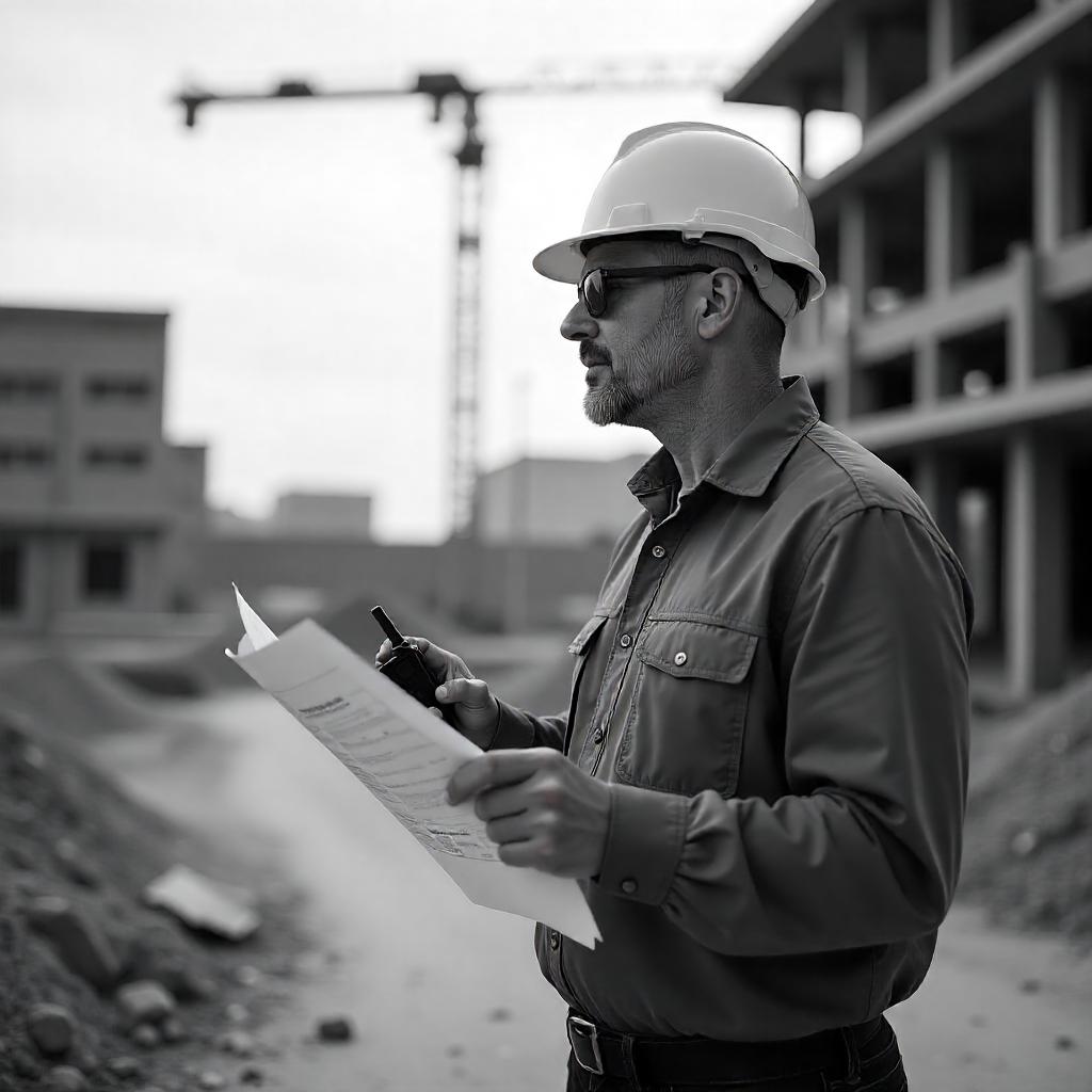 Construction project manager on an Australian site overseeing works, walkie-talkie or plans in hand, partially built structures and crane in background, team coordination visible