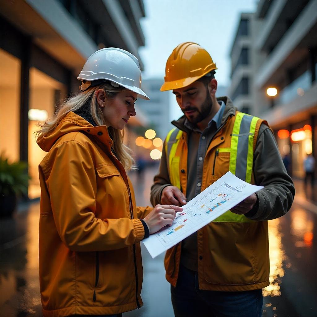 Builder and QS reviewing progress payments on-site in Australia, progress chart or valuation report open, under-construction building in background, clipboard or digital device in hand