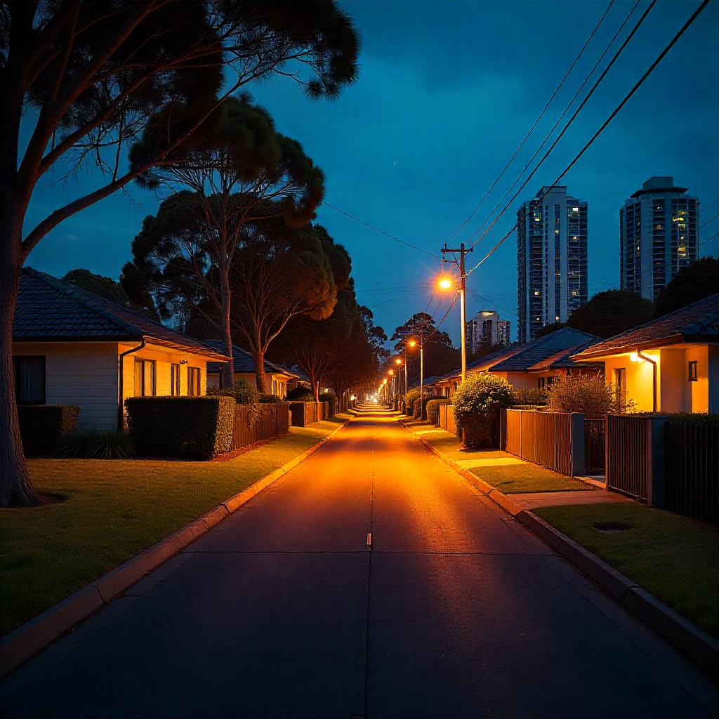 Realistic Australian suburban streetscape featuring a mix of houses, townhouses, apartments, villas, and duplexes, with modern high-rise in background, sunny weather, well-kept lawns