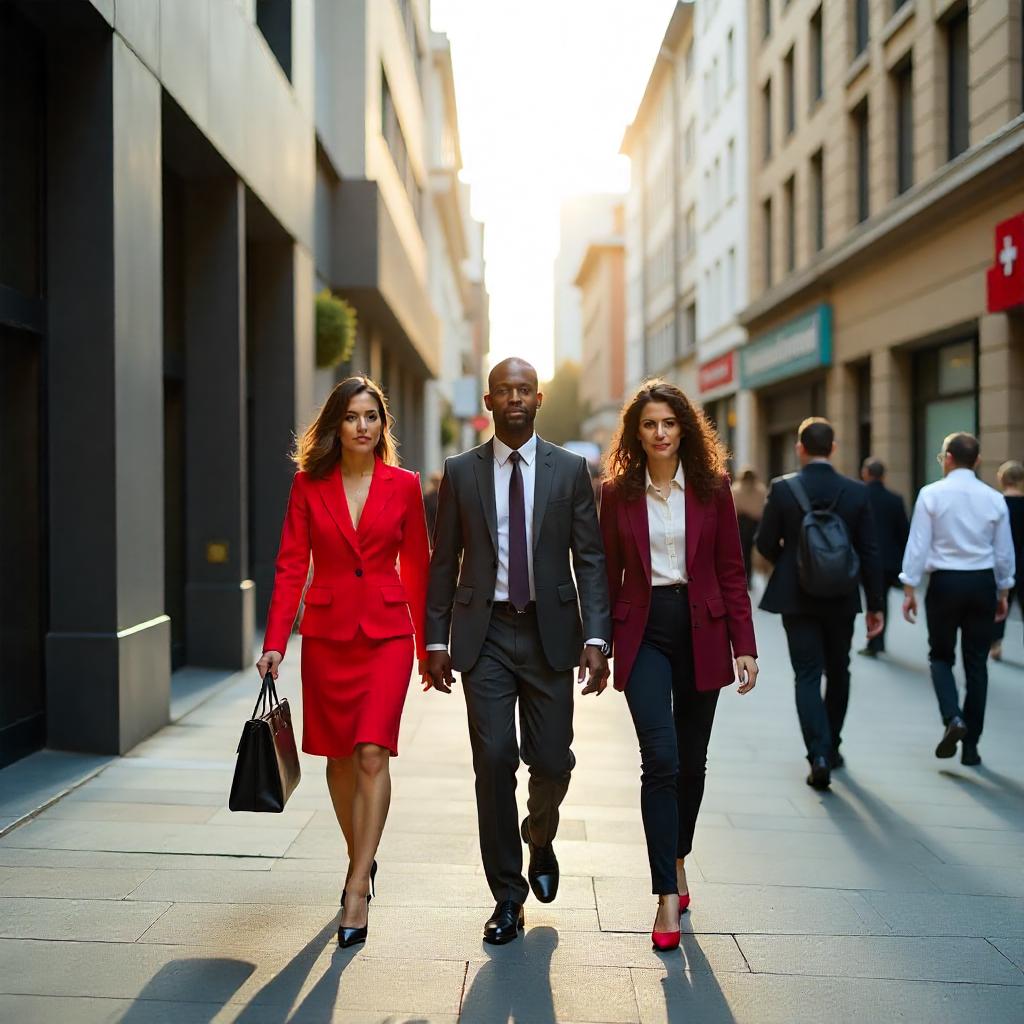 Australian commercial district with office buildings, co-working spaces, and showrooms; people in business attire walking or conversing; clean, corporate urban vibe