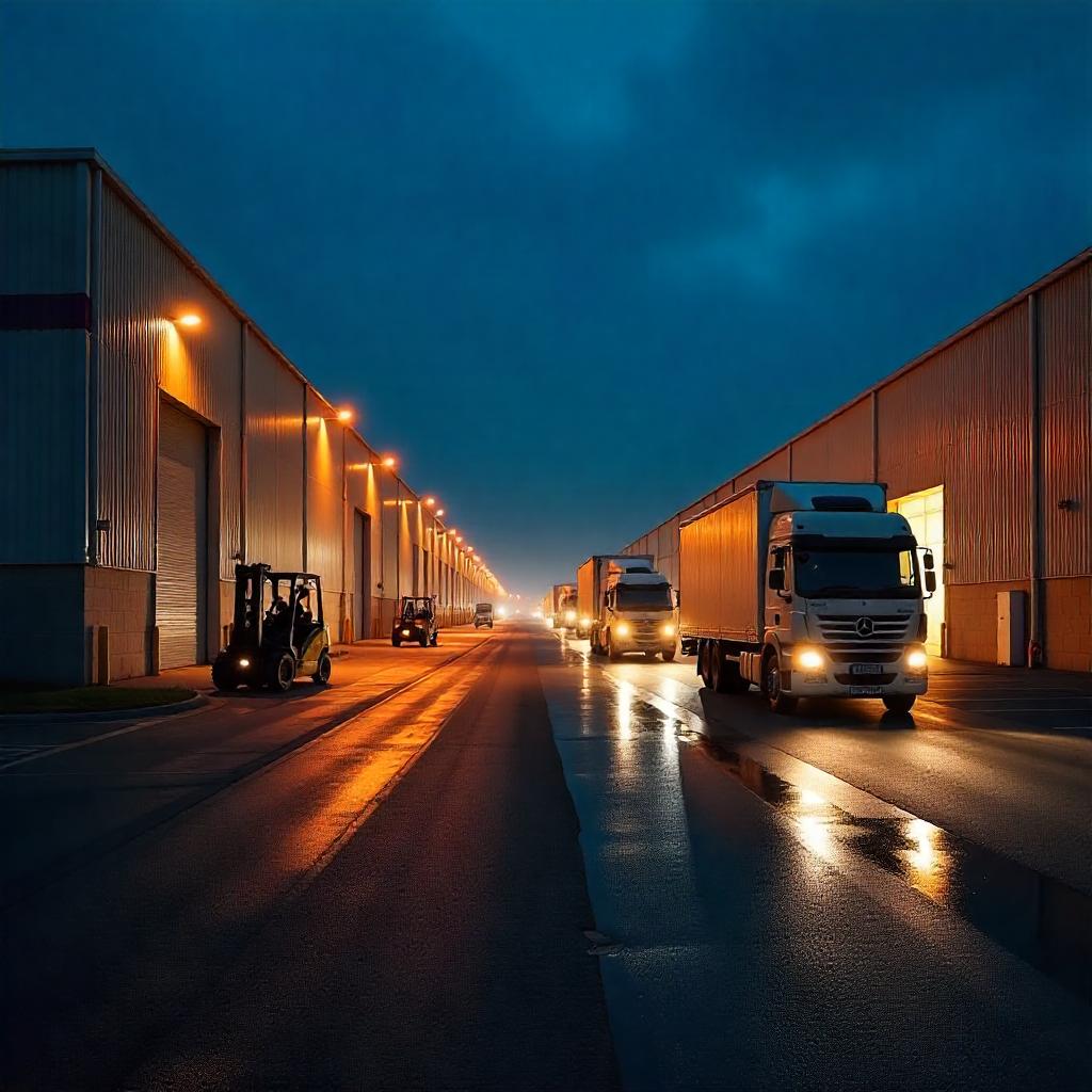 Realistic image of large Australian industrial estate with warehouses, manufacturing plants, and logistics centres; forklifts and delivery trucks visible; overcast sky adds authenticity