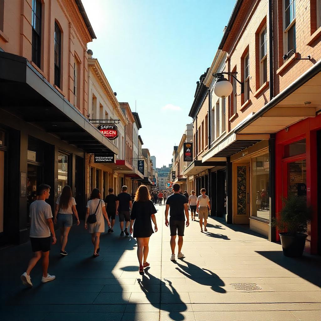 Bustling Australian retail street with strip shops, supermarkets, and specialty stores; shoppers walking, signage visible; day-time scene with active commercial energy