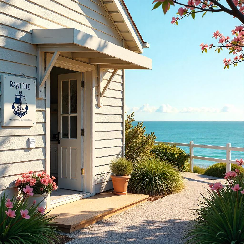 Australian motel or boutique guesthouse exterior with signboards, landscaping; caravan park scene with cabins and RVs; bright and inviting, perfect for travellers