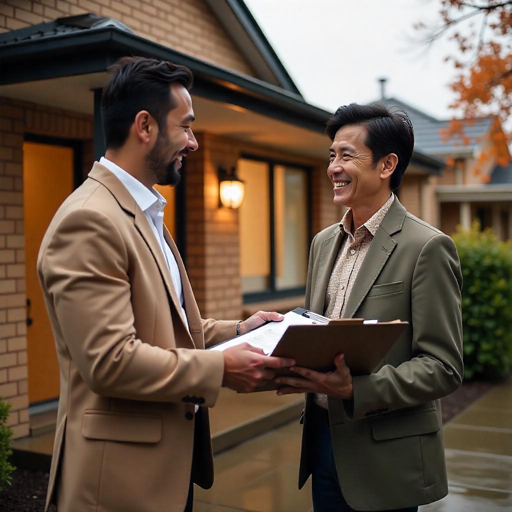Real estate agent handing house keys to a young couple in front of an Australian-style brick home, stamp duty contract and folder visible on a clipboard. Real estate signage in background.