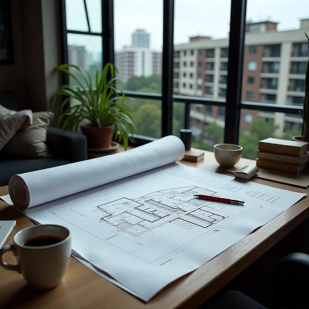 Realistic scene of a strata plan laid out on a desk with pen and coffee mug, overlayed with Australian apartment buildings in the background, taken from balcony view.