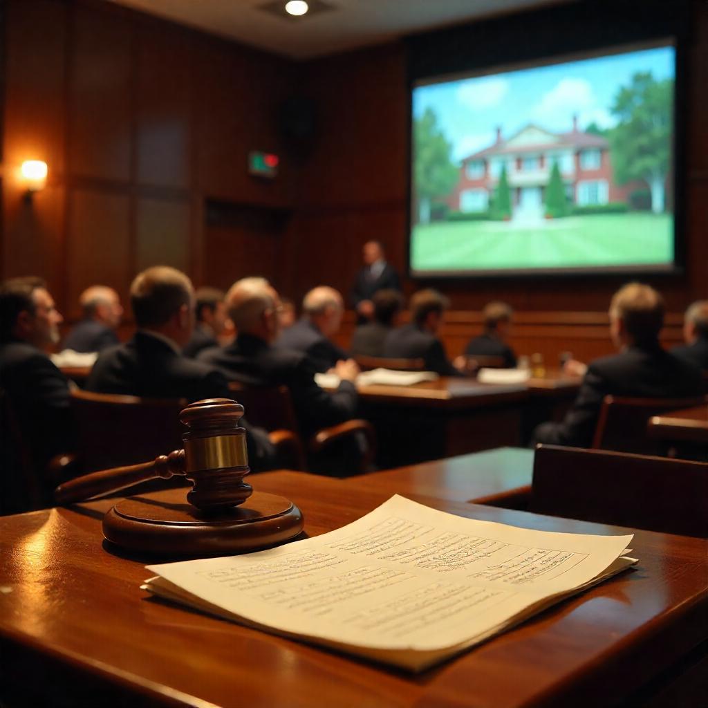 Australian courtroom with legal files and valuation documents on a bench, gavel to the side, and blurred property photo on a projector screen in the background.