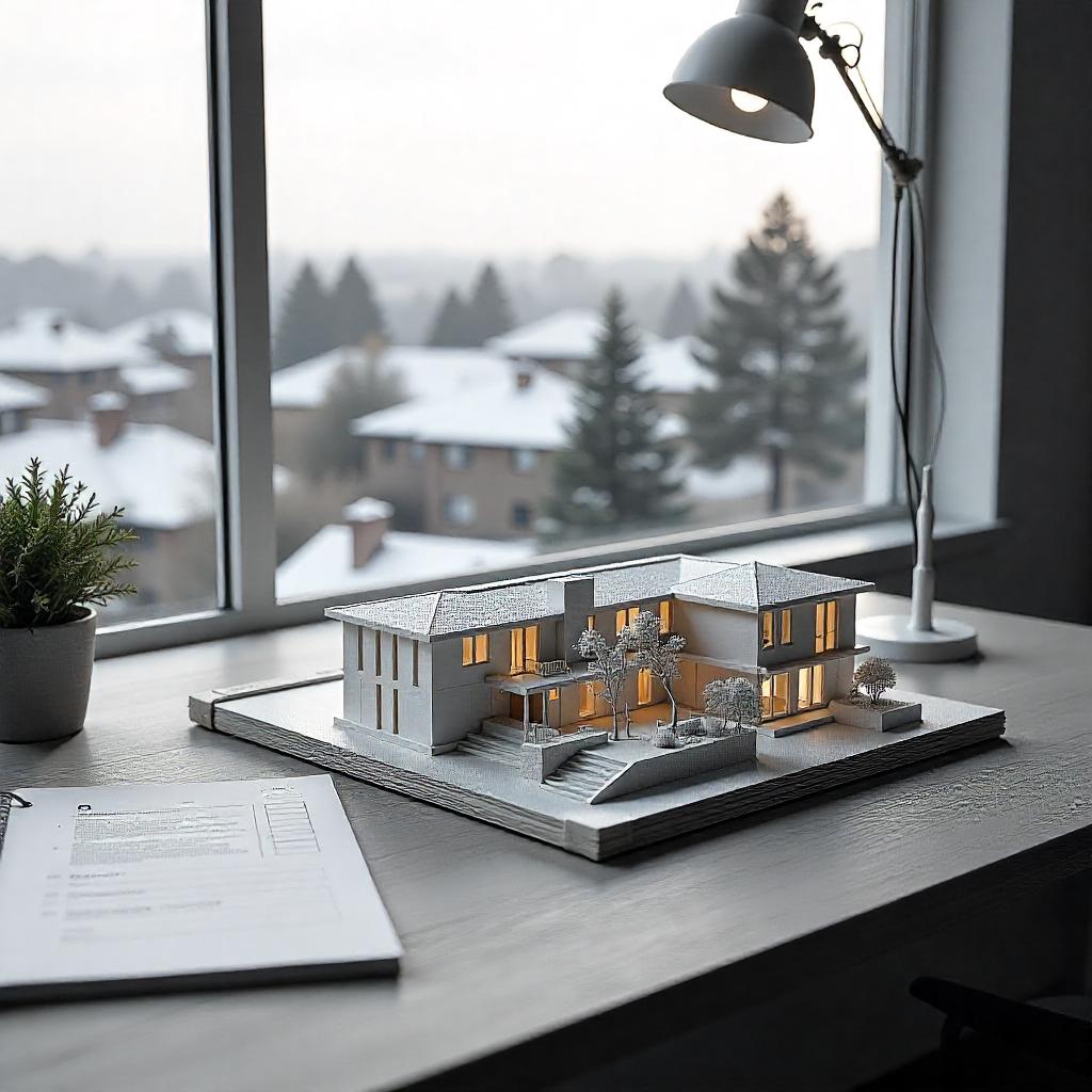 3D architectural model of a future apartment development on a desk with DA papers, viewed from an office window overlooking an Australian suburb. Sunny day, natural light.