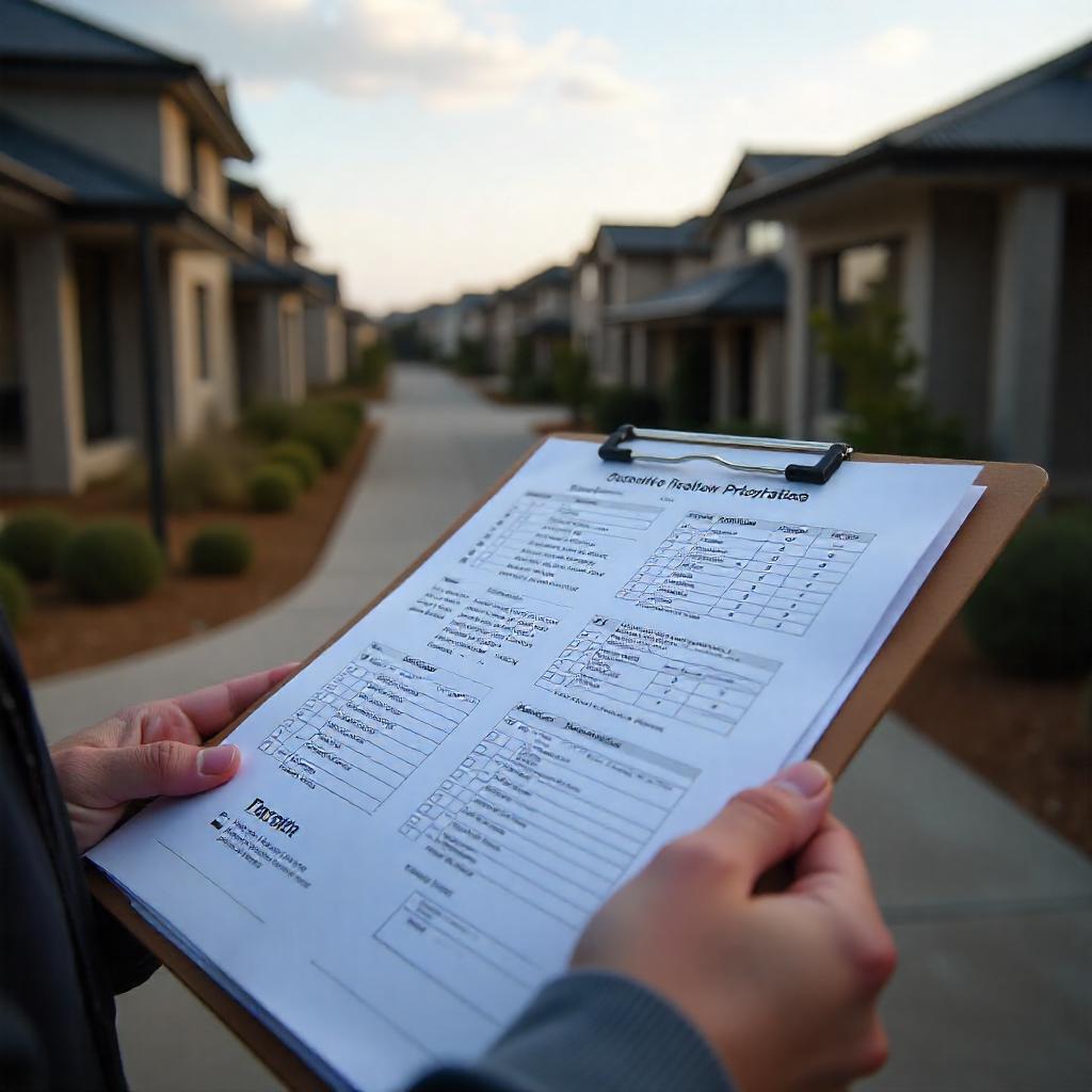 Close-up of DA paperwork, compliance checklist, and development plans on a clipboard in front of an Australian townhouse construction site. Clear morning sky.