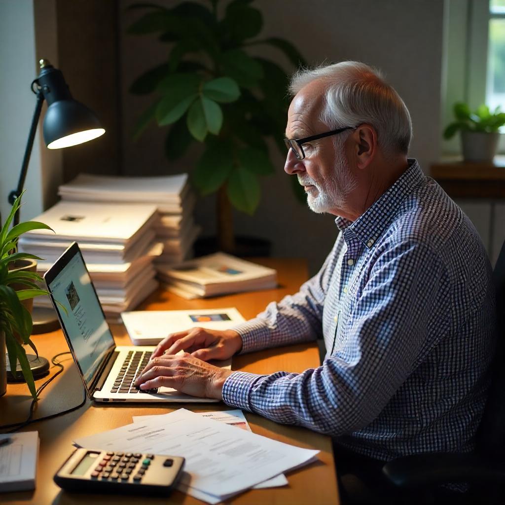 Professional Australian office desk with legal documents, tax files, calculator, and property images. Over-the-shoulder view of a valuer working on a laptop. Soft indoor lighting.