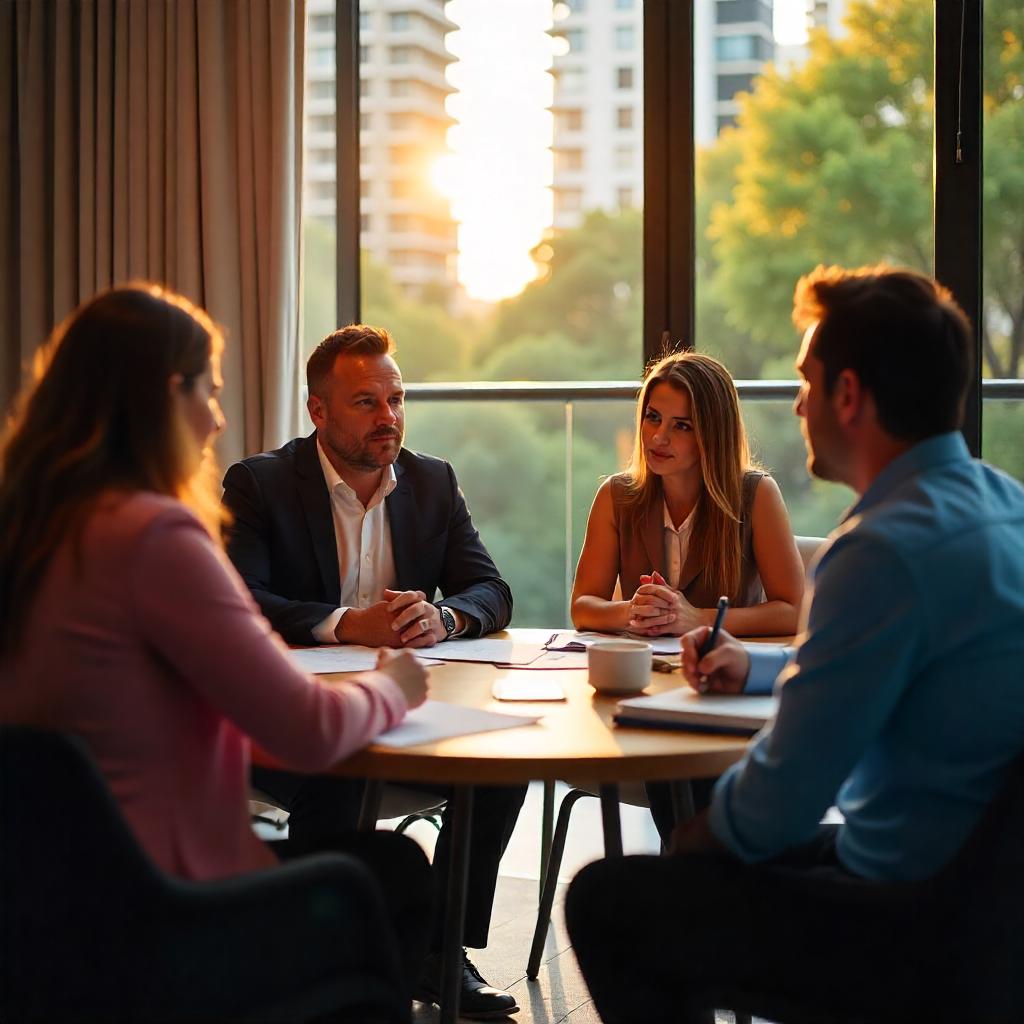 Queensland apartment complex meeting, sunny Brisbane background, consultant discussing sinking fund forecast with body corporate members, casual yet professional setting, outdoor or indoor meeting scene