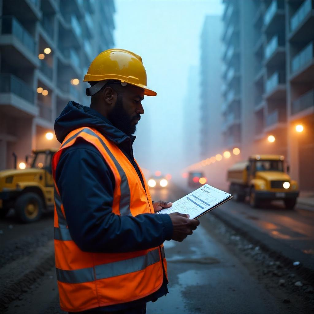 Property valuer inspecting Australian commercial and residential buildings, clipboard in hand, assessing replacement costs, background with construction and real estate icons, realistic setting