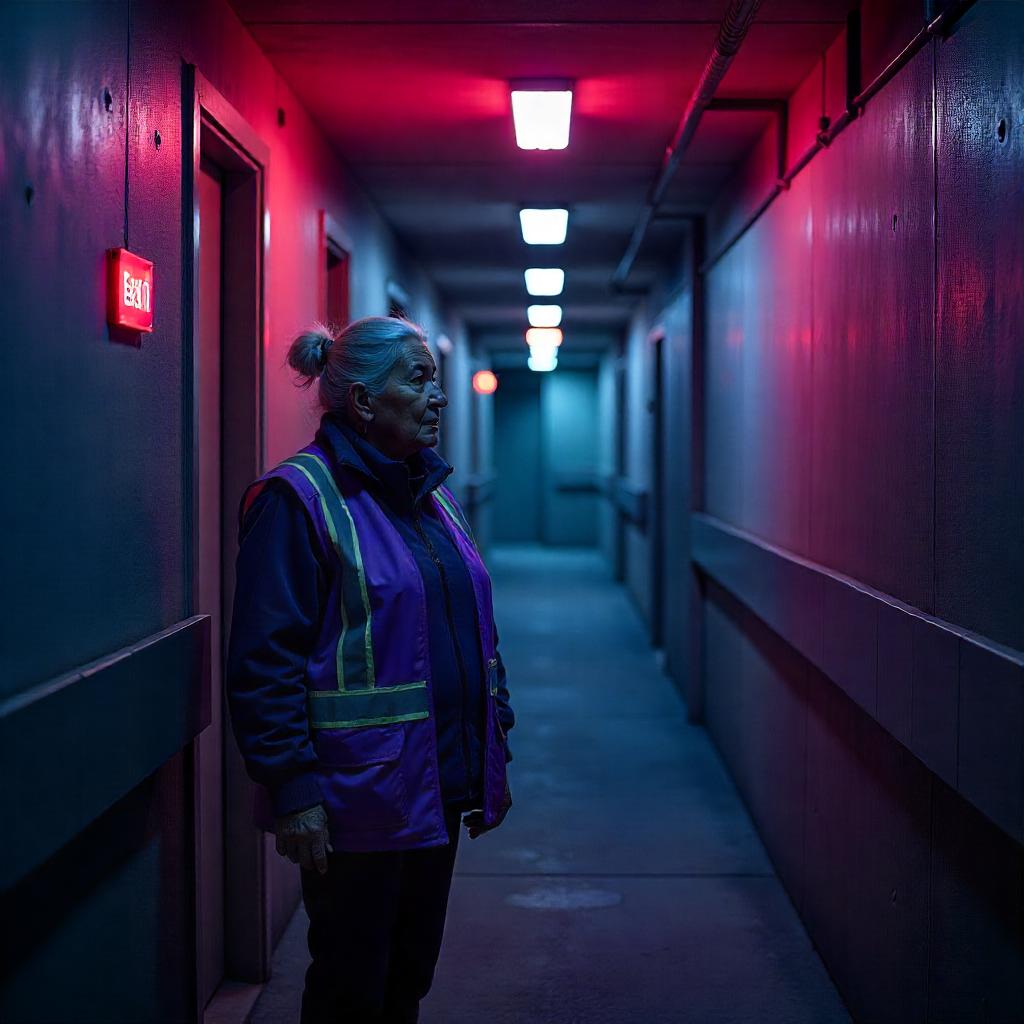 Safety inspector assessing hazards in an Australian strata complex, checking safety signs, wearing high-vis vest, noting compliance issues, with WHS documents or warning signs in view