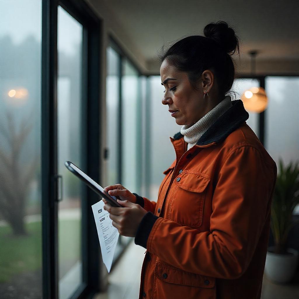 Building inspector evaluating storm or fire damage in Australian home, tablet or camera in hand, realistic scene with broken elements visible, insurance documents partially shown