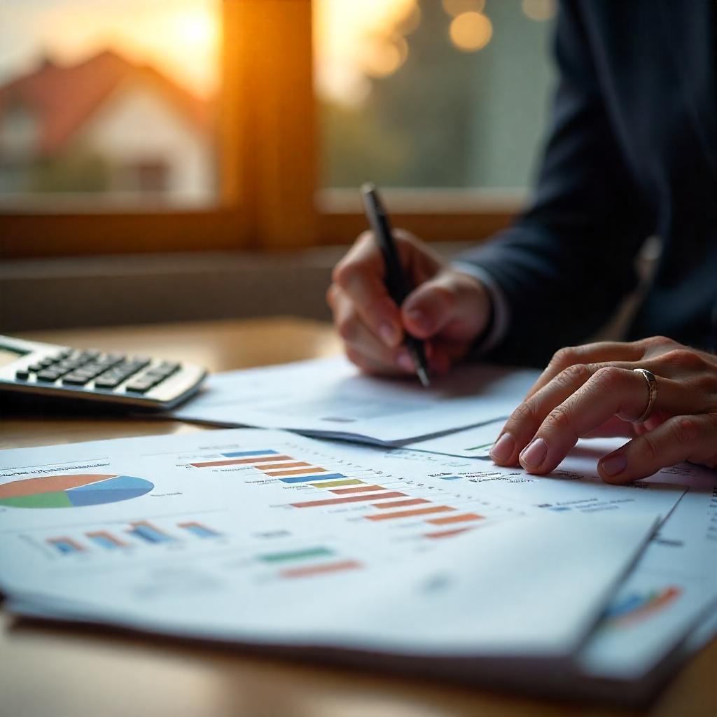 Accountant or QS reviewing depreciation schedules for Australian residential property, financial spreadsheets on desk, Australian property photo in background, calculator and paperwork in foreground