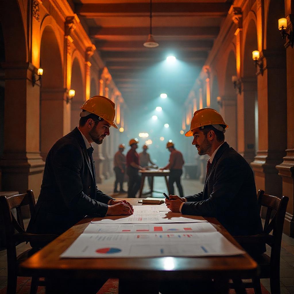 Facility manager and QS reviewing maintenance plans, Australian building maintenance charts, forecast graphs, tools or maintenance workers subtly visible in background