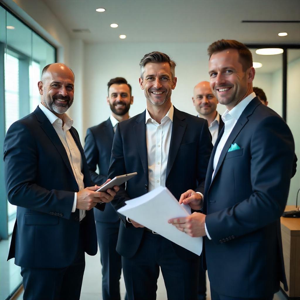 A confident, professional team of Australian property valuers and quantity surveyors in formal business attire, standing in a modern office or boardroom. The group includes both men and women, with male professionals featured more prominently in the foreground. Individuals are holding clipboards, blueprints, and digital tablets, engaging in discussion or facing the camera. Subtle accents in teal (#148b8f) are visible in clothing (e.g., tie, pocket square), branded office items (e.g., folder, pen), or furniture. The environment is a bright, corporate Australian workspace with natural light, glass walls, and a clean, minimal background. Mood: trustworthy, experienced, professional, and locally Australian.