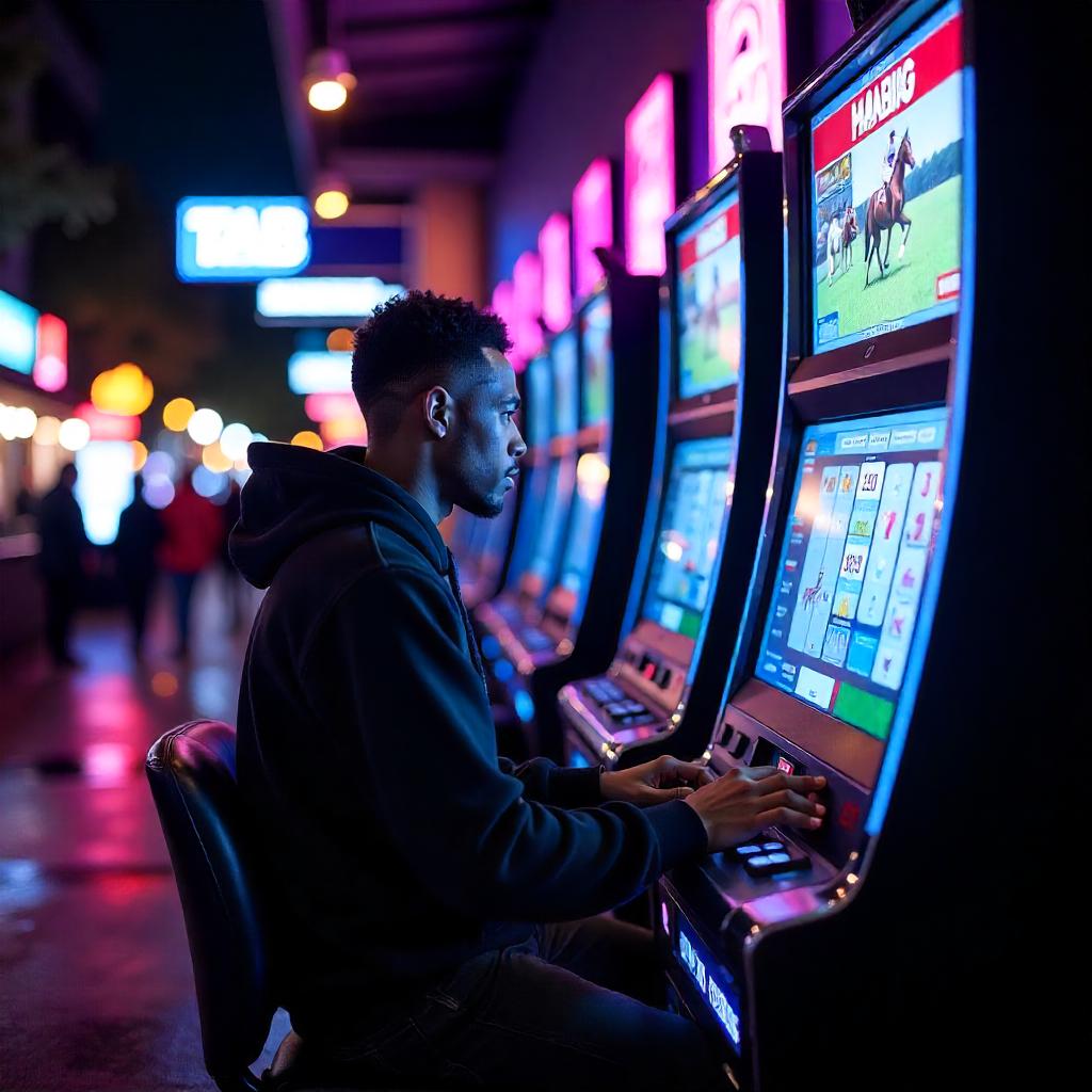 Realistic Australian pub or gaming lounge at night with soft glow lighting, neon signs, slot machines or TAB screens inside, urban nightlife vibe