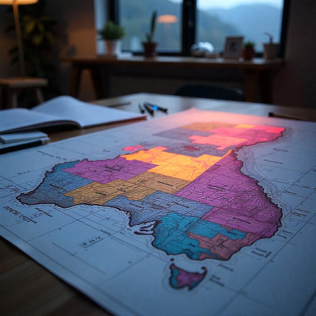 Legal and architectural overlays on Australian land title map, with transparent layers showing easements, airspace rights, and common property lines; legal documents and measuring tools in view