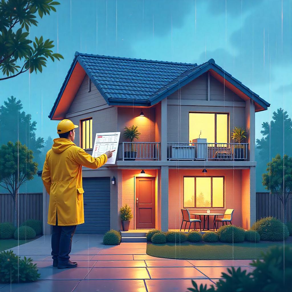 Detailed building cost breakdown illustration, roofing, plumbing, and structure visually represented on Australian-style house cutaway, QS pointing to a digital estimate chart