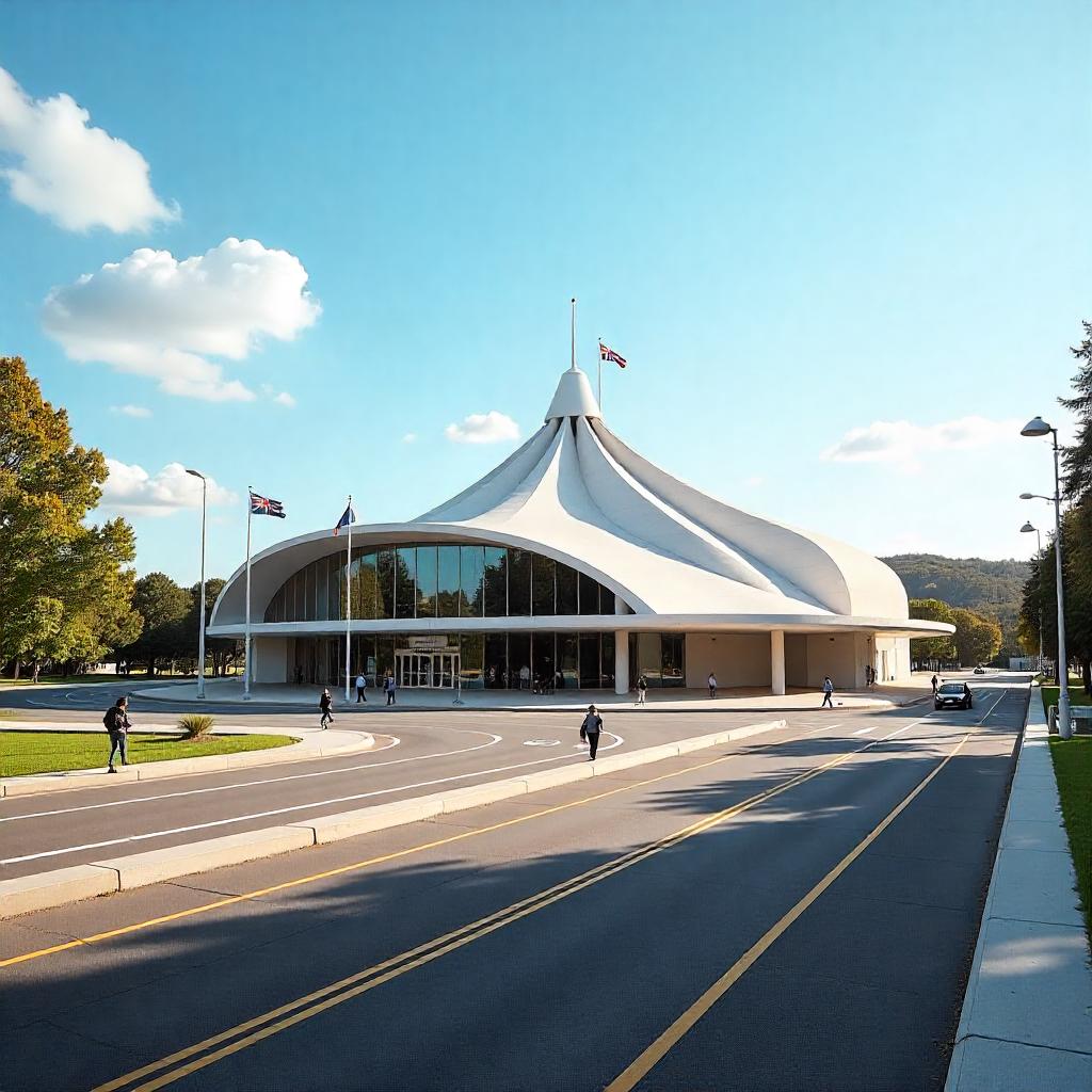 Realistic image of Australian government buildings such as Parliament House in Canberra or a modern council building, with surrounding infrastructure like wide roads, pedestrian paths, light rail, and Australian flags, captured on a bright day with blue skies and natural lighting.