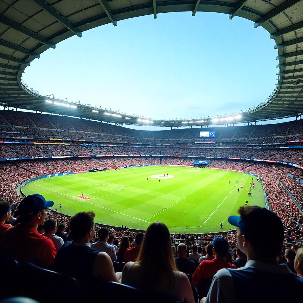 Realistic image of a major Australian stadium like the MCG or Optus Stadium during a sports event, with a clear view of the field, seating, and Australian flags. Optional inclusion of people wearing AFL or cricket gear. Bright daylight with sharp architectural details and wide-angle composition.
